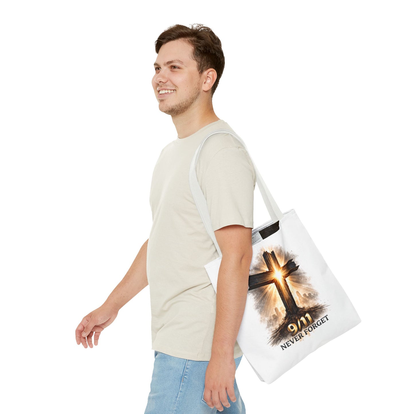9/11 Never Forget Cross Memorial Tote Bag — Patriotic Remembrance Shopper