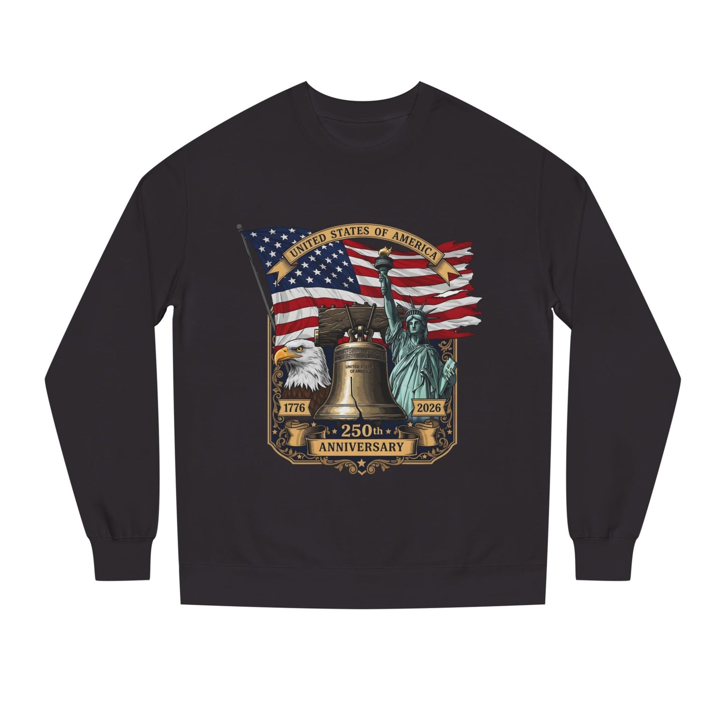 Liberty 250th Anniversary Sweatshirt — American Flag, Liberty Bell & Statue of Liberty Graphic