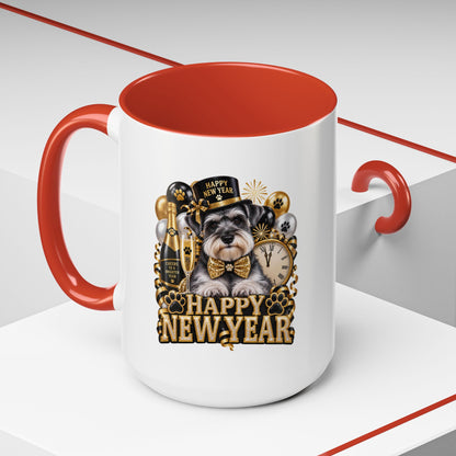 Happy New Year Dog Coffee Mug — Festive Black & Gold 11/15oz Accent Mug