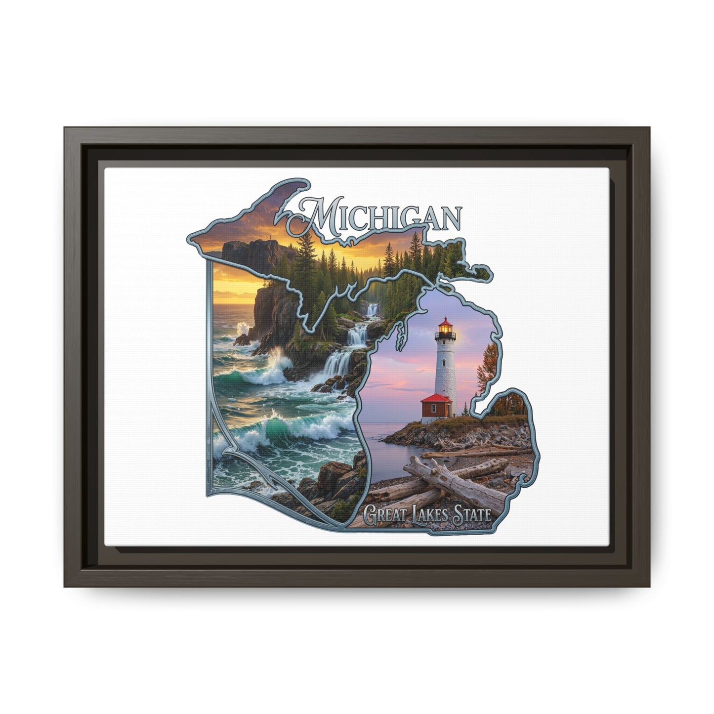 Michigan Framed Canvas Wall Art — Great Lakes State Lighthouse & Shoreline Print