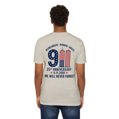 9/11 Memorial T-Shirt – "Remember Honor Unite" 25th Anniversary We Will Never Forget