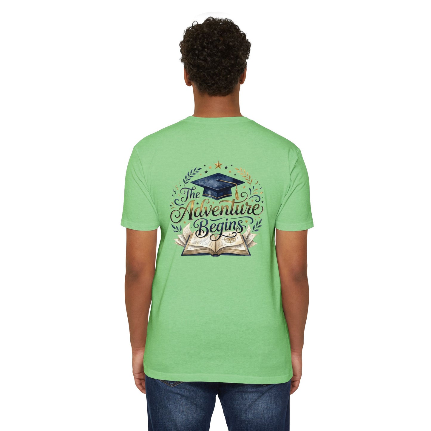 Graduation T-Shirt — "The Adventure Begins" Cap & Book Design