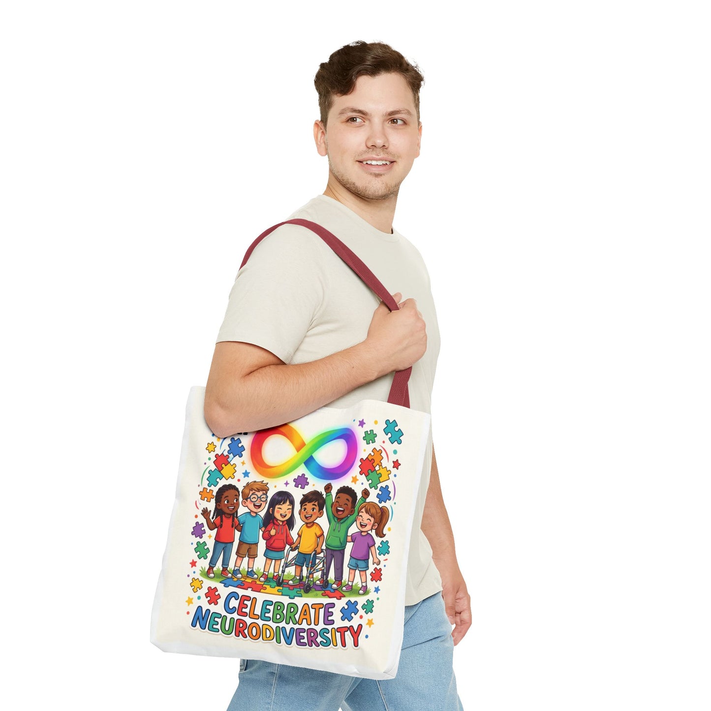 Celebrate Neurodiversity Tote Bag — Rainbow Infinity Symbol & Kids Design