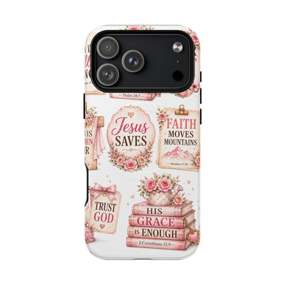 Christian Faith iPhone Tough Magnetic Case — 'Jesus Saves' Floral Scripture Design (Fear Not, Faith Moves Mountains)