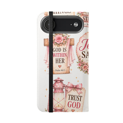 Christian Floral Phone Flip Case — "Jesus Saves" & Inspirational Scripture Wallet Cover