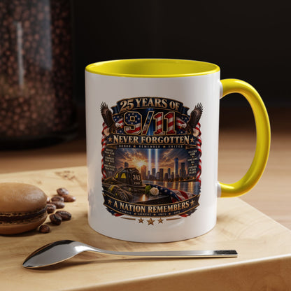 9/11 Memorial Coffee Mug — "25 Years of Never Forgotten" Patriot Tribute