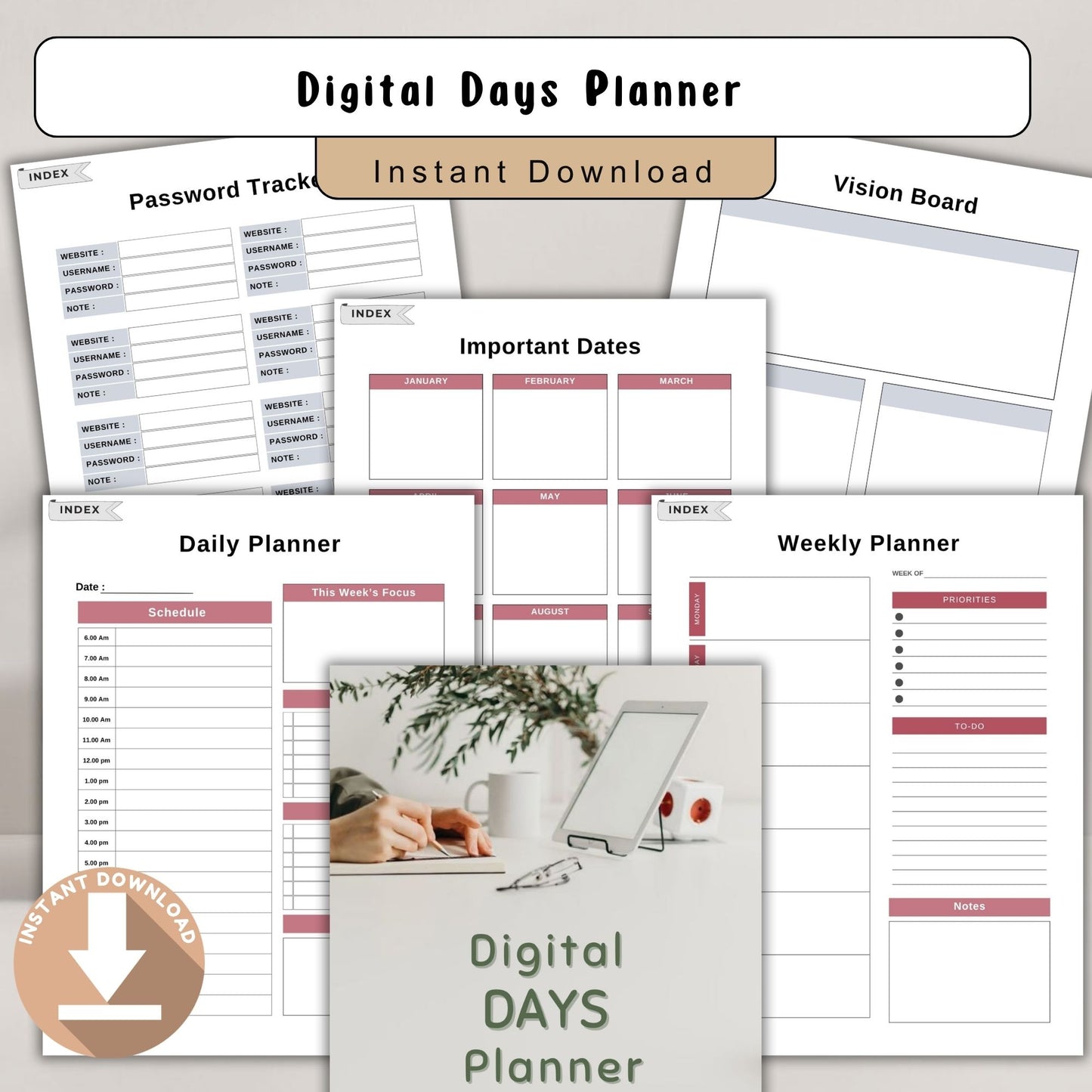 Digital Days Planner | Daily Digital Planner | Editable Planner PDF | Productivity Planner Digital | Tablet Planner