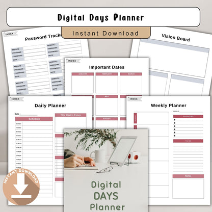 Digital Days Planner | Daily Digital Planner | Editable Planner PDF | Productivity Planner Digital | Tablet Planner