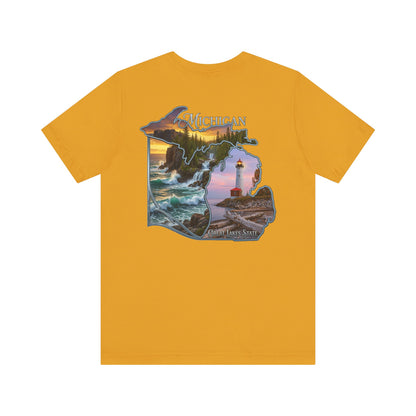 Michigan Scenic Map T-Shirt — Great Lakes Lighthouse Sunset Tee