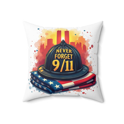 Never Forget 9/11 Memorial Throw Pillow — Firefighter Helmet & American Flag