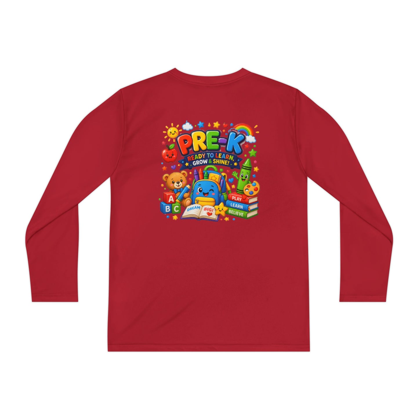 PRE-K Kids Long Sleeve Tee — Back-to-School Preschool Shirt ("Ready to Learn, Grow & Shine")