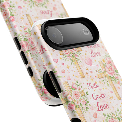 Christian Floral Cross Phone Case — "Faith Grace Love" Tough Magnetic Case