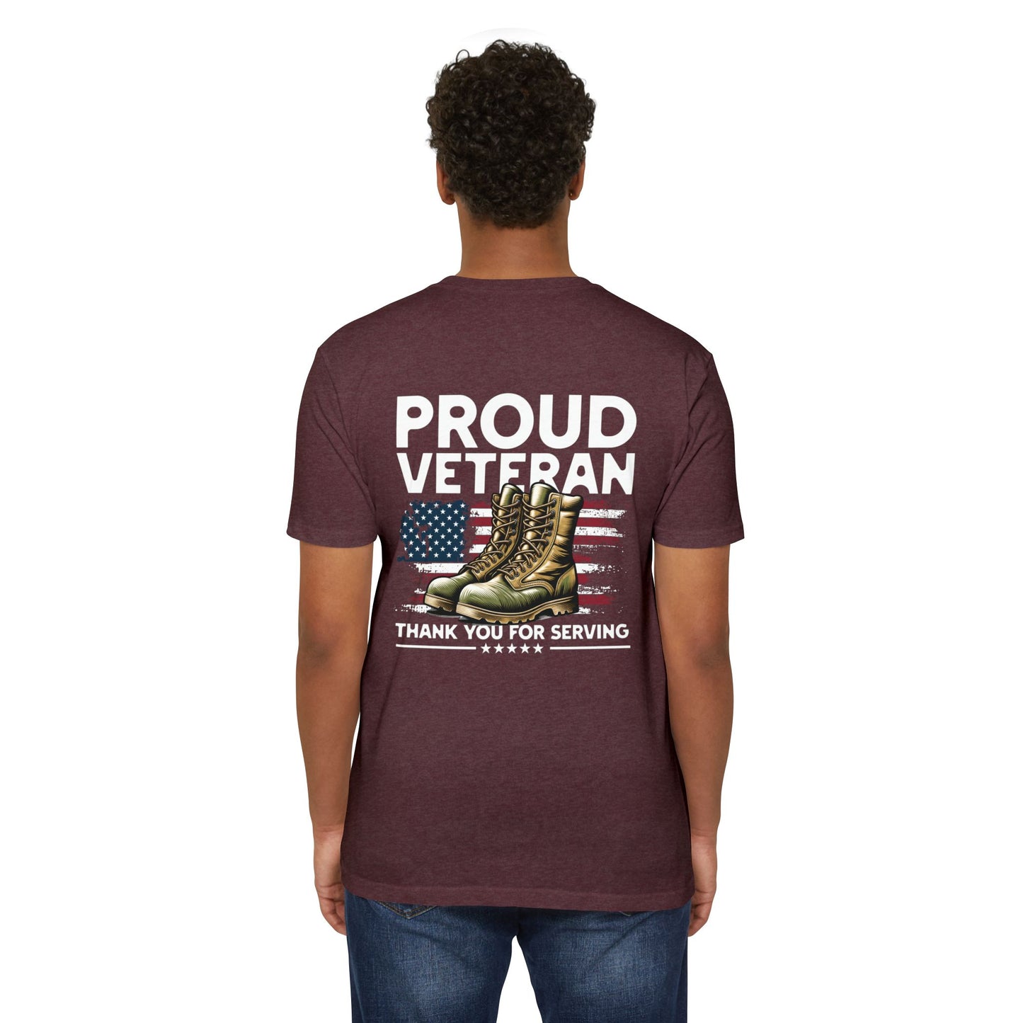 Proud Veteran T-Shirt — "Proud Veteran" with Military Boots & American Flag — Thank You for Serving
