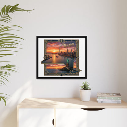 Framed Matte Canvas Wall Art — New York City Sunset Skyline with Statue of Liberty