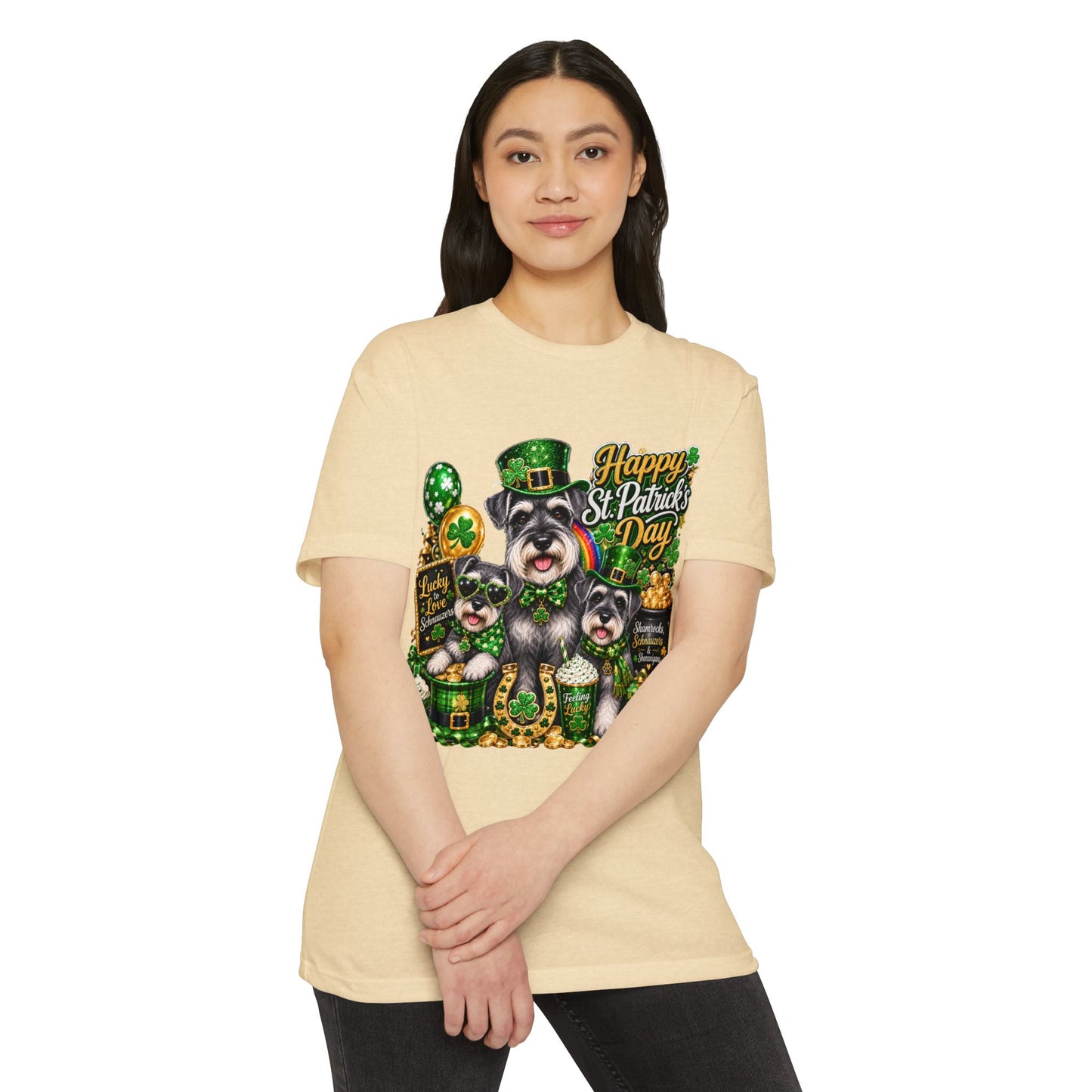 St. Patrick's Day Schnauzer T-Shirt — "Happy St. Patrick's Day" Lucky Dogs Tee