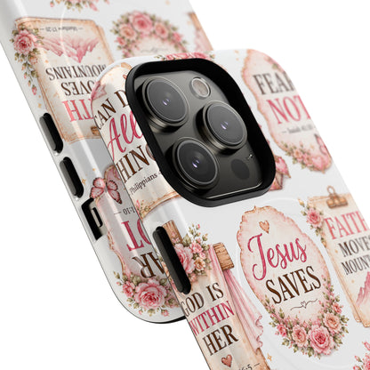 Christian Faith iPhone Tough Magnetic Case — 'Jesus Saves' Floral Scripture Design (Fear Not, Faith Moves Mountains)