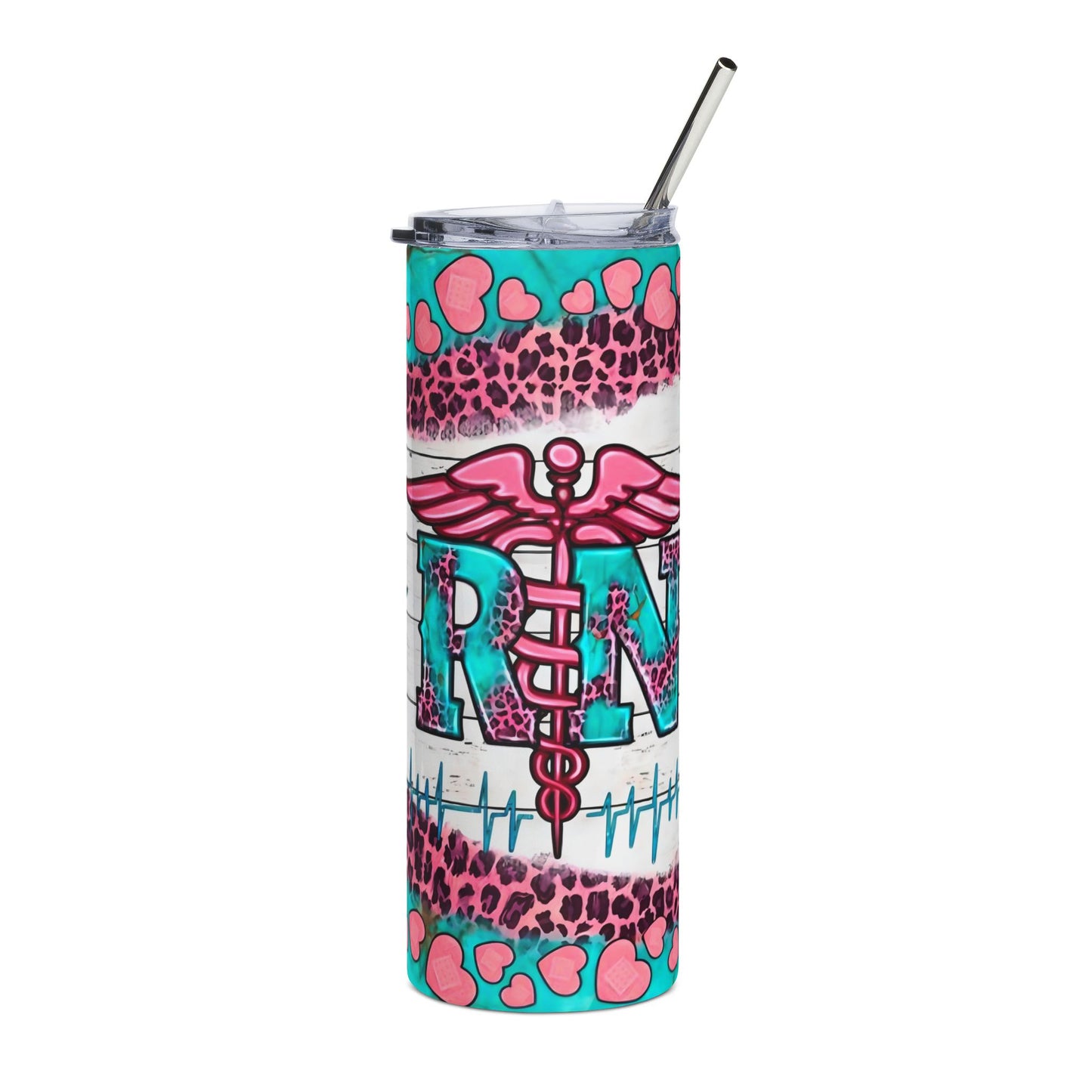 RN Caduceus Leopard Print 20oz Stainless Tumbler — Teal & Pink Nurse Gift