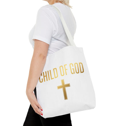 Child of God Tote Bag — Gold Cross Religious Canvas Tote