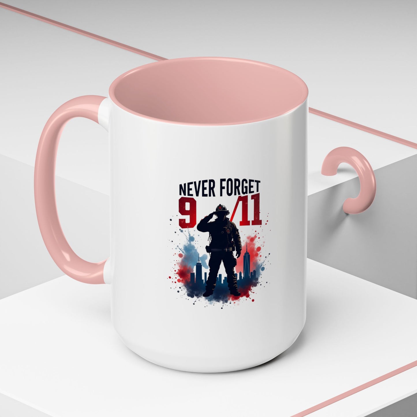 Never Forget 9/11 Accent Coffee Mug — Patriotic Memorial Tribute (11oz, 15oz)