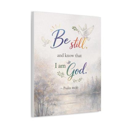 Be Still Psalm 46:10 Stretched Canvas Wall Art — Inspirational Christian Decor with Dove and Tranquil Landscape