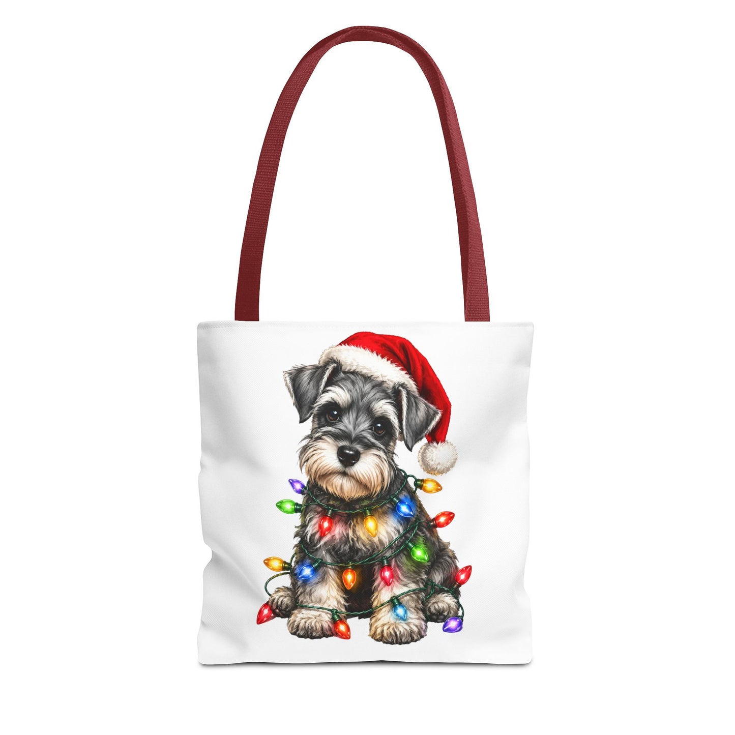 Christmas Schnauzer Tote Bag — Cute Puppy with Santa Hat & Holiday Lights