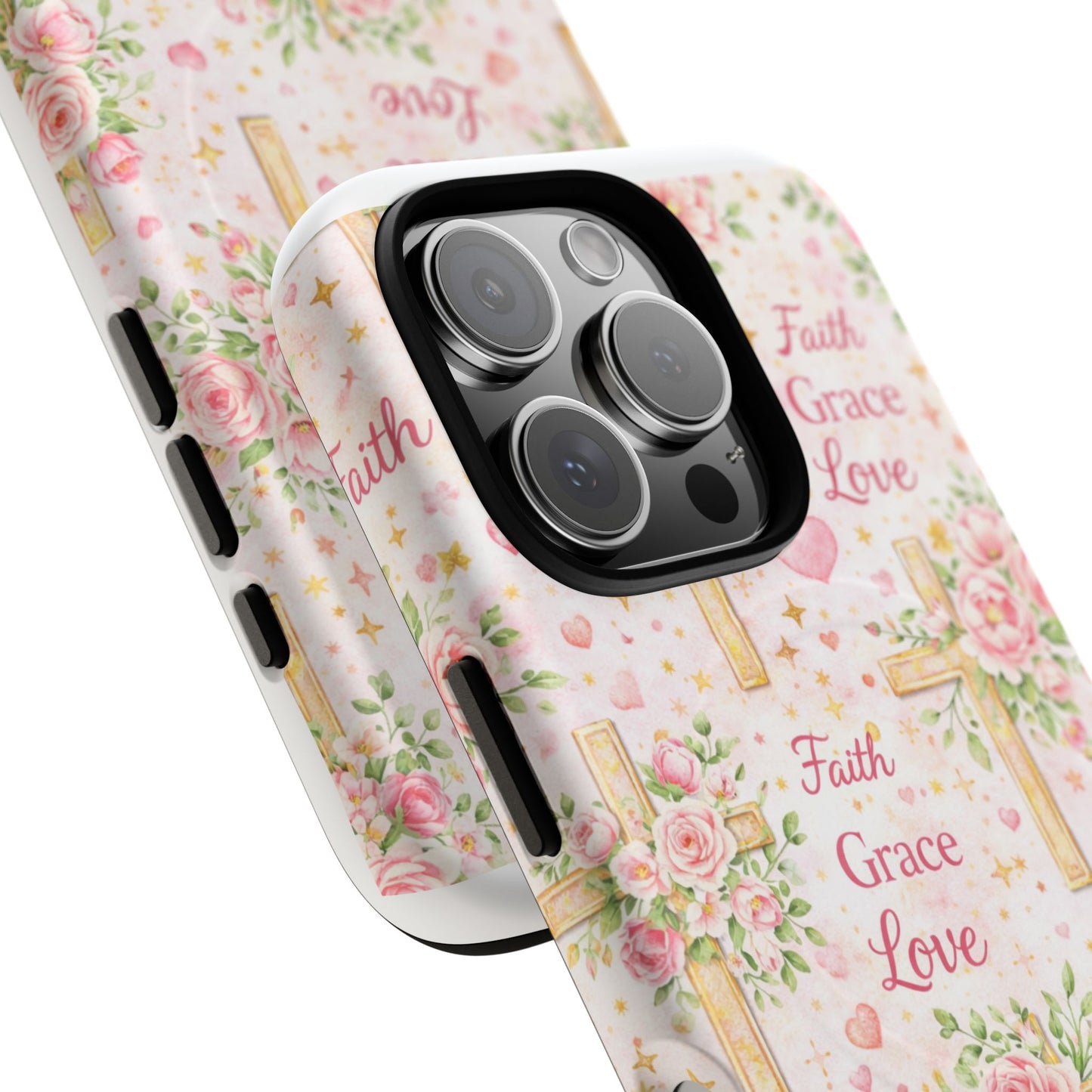 Christian Floral Cross Phone Case — "Faith Grace Love" Tough Magnetic Case
