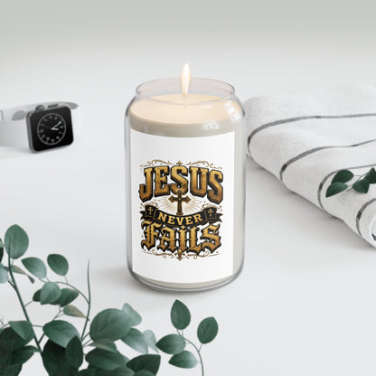 Scented Soy Candle — "Jesus Never Fails" Inspirational Religious Jar (13.75 oz)