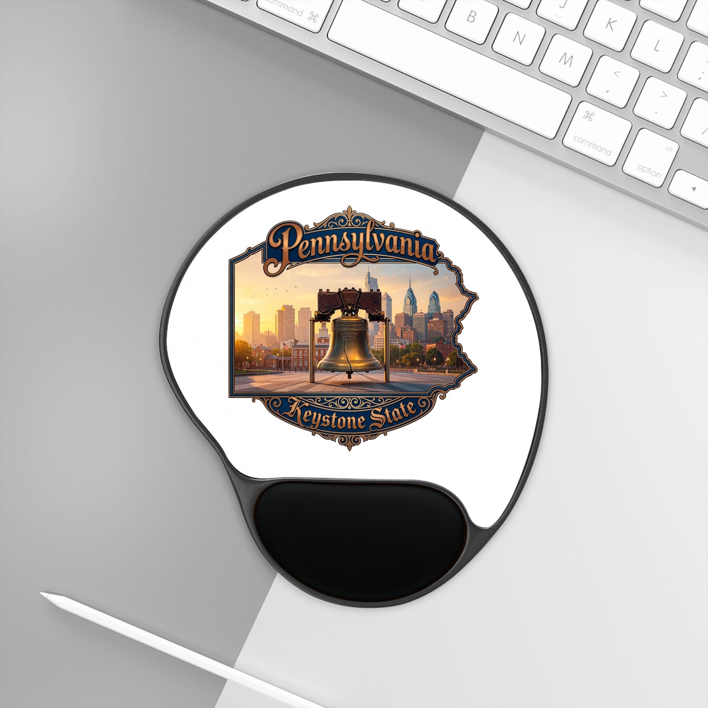 Pennsylvania Keystone State Mouse Pad with Wrist Rest — Vintage Liberty Bell City Skyline Design