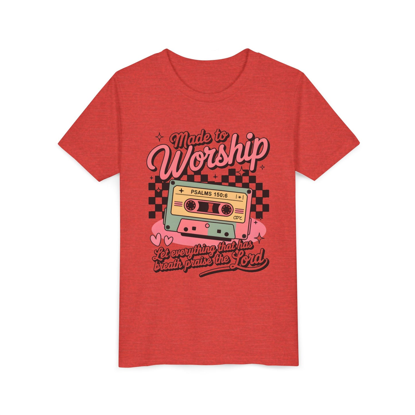 Made to Worship Youth Tee – Retro Cassette Christian Kids Shirt (Psalms 100:4)