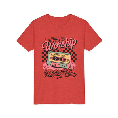 Made to Worship Youth Tee – Retro Cassette Christian Kids Shirt (Psalms 100:4)