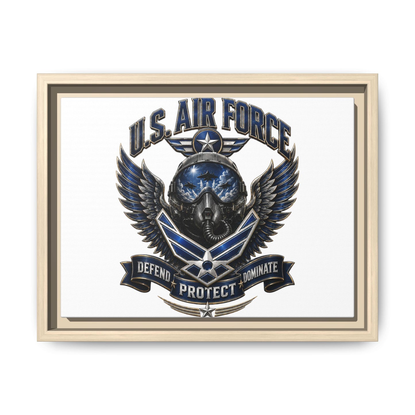 U.S. Air Force Emblem Framed Canvas Print – "Defend Protect Dominate" Military Wall Art