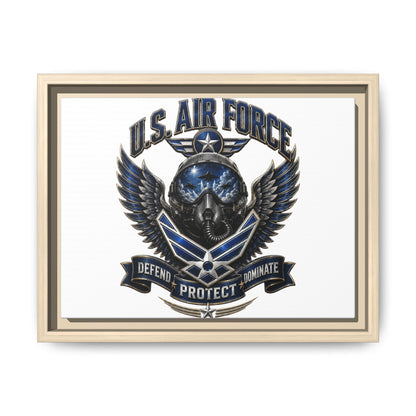 U.S. Air Force Emblem Framed Canvas Print – "Defend Protect Dominate" Military Wall Art
