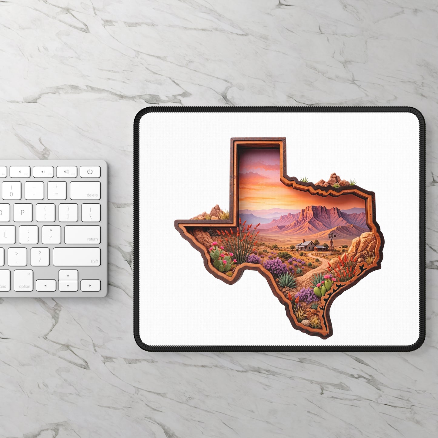 Texas Desert Landscape Gaming Mouse Pad — Scenic Sunset State Silhouette