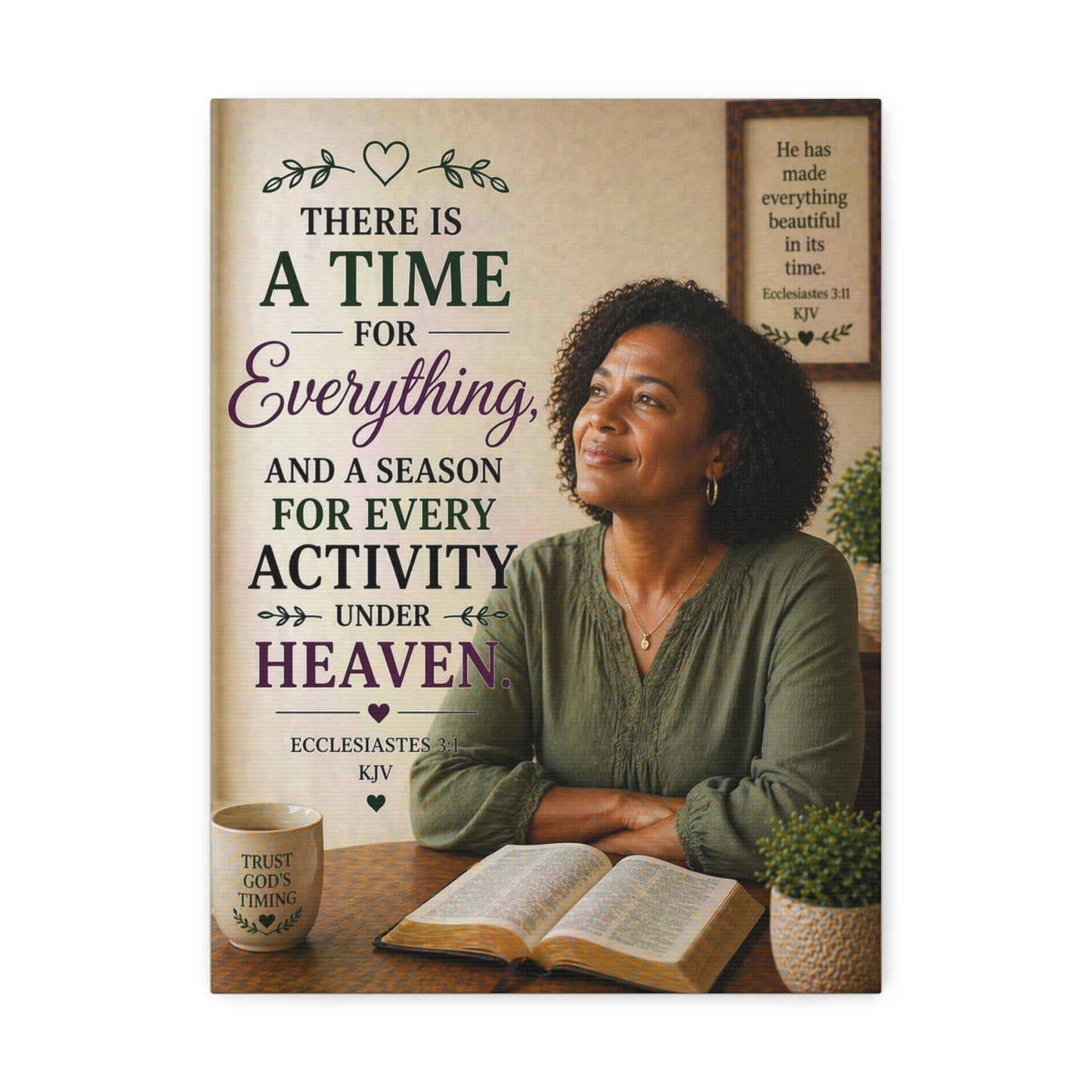 Religious Wall Art Stretched Canvas – "There Is A Time For Everything" Ecclesiastes Inspirational Bible Verse Decor