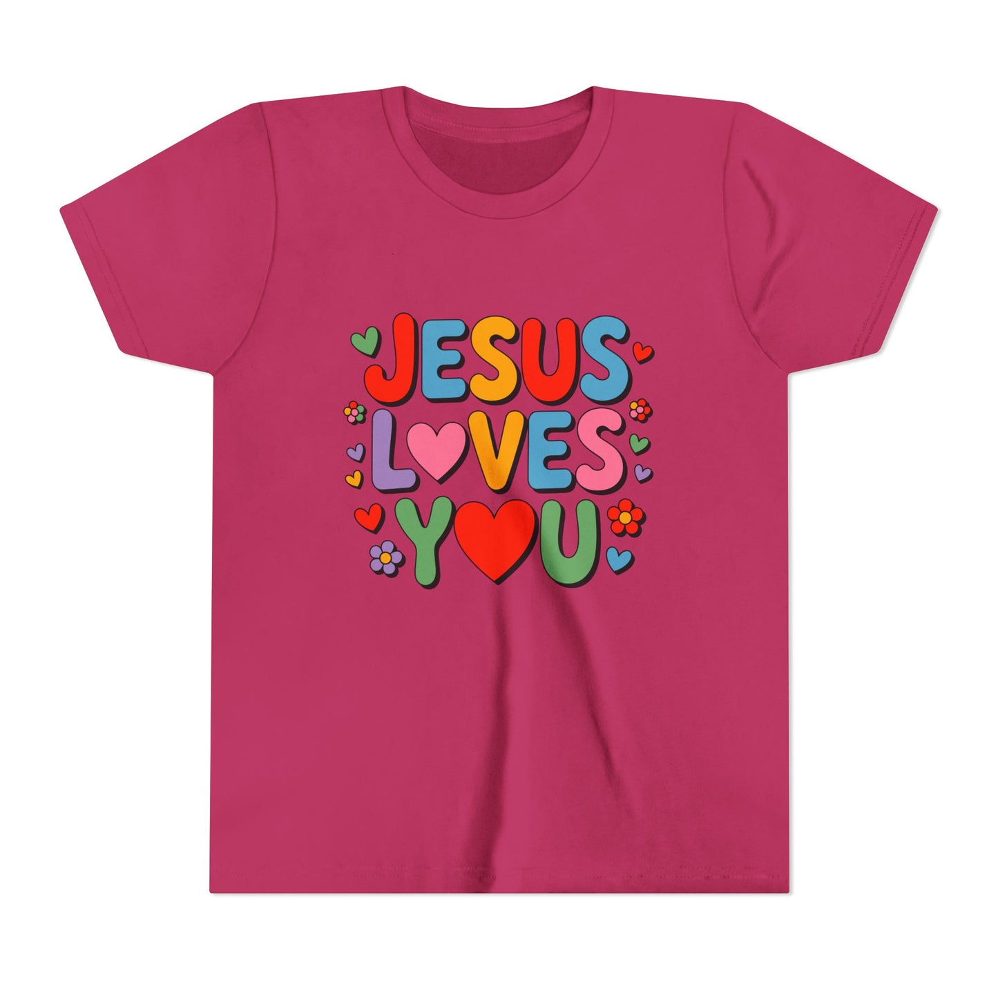Youth Tee - "Jesus Loves You" Colorful Heart & Flower Christian Shirt
