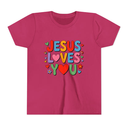 Youth Tee - "Jesus Loves You" Colorful Heart & Flower Christian Shirt