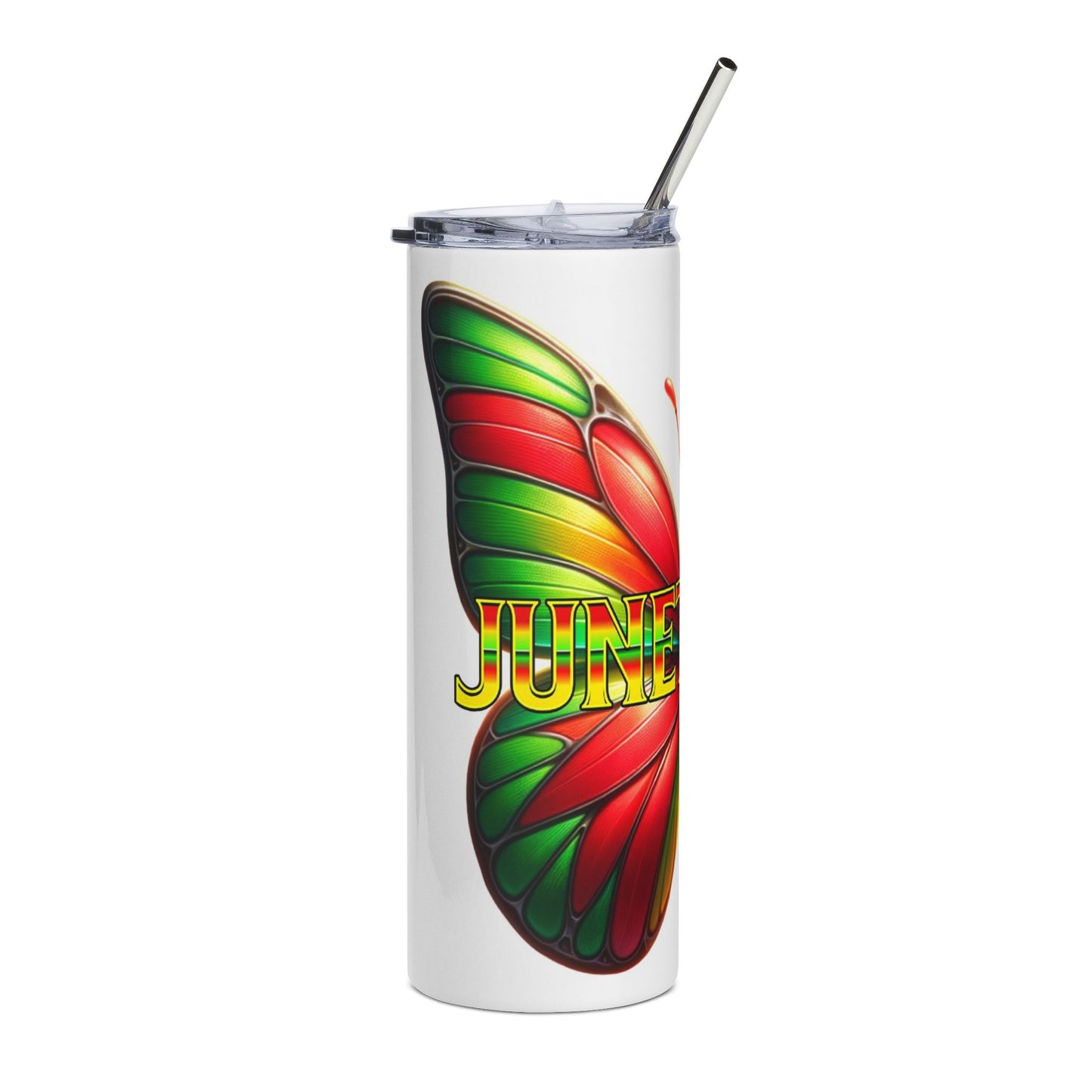 20oz Stainless Tumbler — Vibrant Red & Green Butterfly "June" Travel Cup