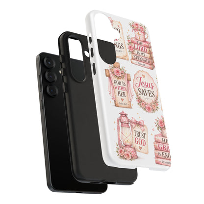 Christian Phone Case — Jesus Saves Floral Tough Case with 'God Is Within Her' & 'Trust God' Design