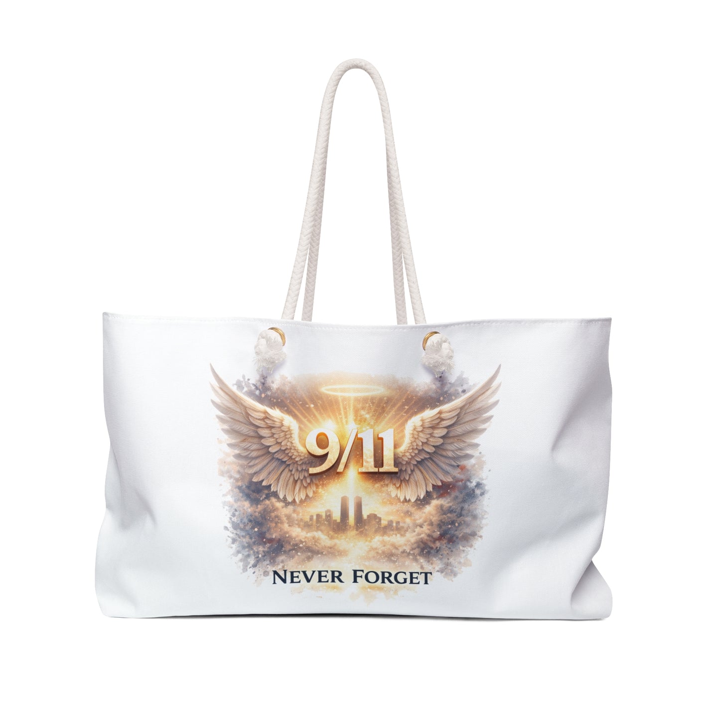9/11 Never Forget Weekender Bag — Memorial Travel Tote with Angel Wings Skyline Design