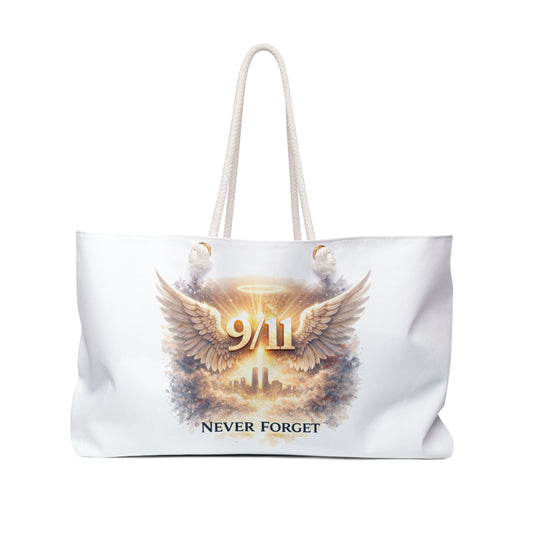9/11 Never Forget Weekender Bag — Memorial Travel Tote with Angel Wings Skyline Design