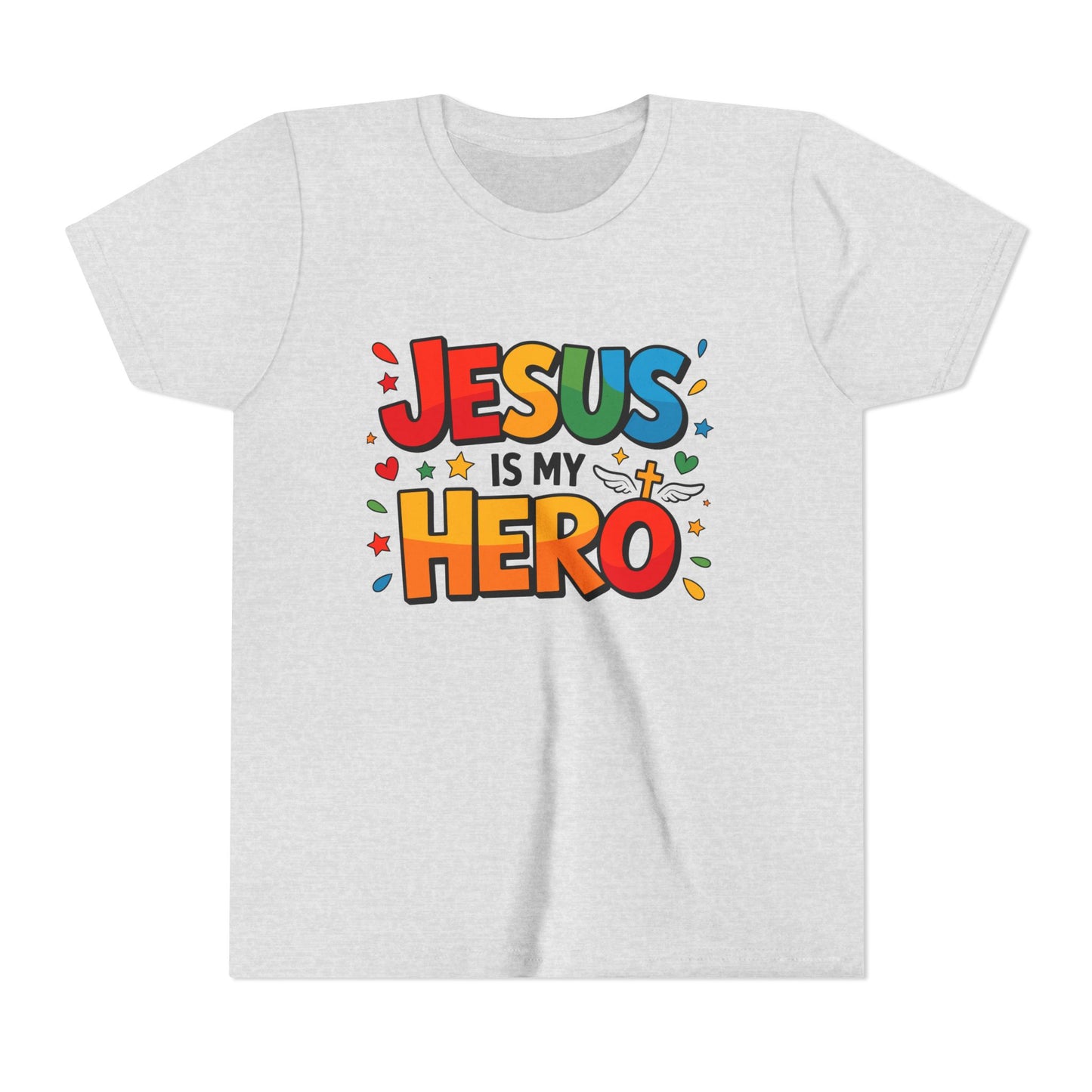 Youth Tee — "Jesus Is My Hero" Colorful Kids Christian T-Shirt