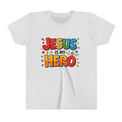 Youth Tee — "Jesus Is My Hero" Colorful Kids Christian T-Shirt