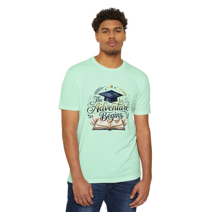 Graduation T-Shirt — "The Adventure Begins" Cap & Book Design