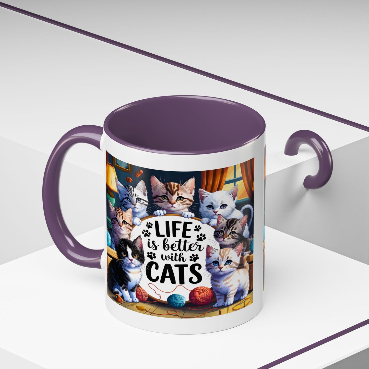 Life Is Better With Cats Accent Coffee Mug – Cute Kitten Cat Lover Gift (11/15oz)