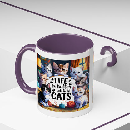 Life Is Better With Cats Accent Coffee Mug – Cute Kitten Cat Lover Gift (11/15oz)