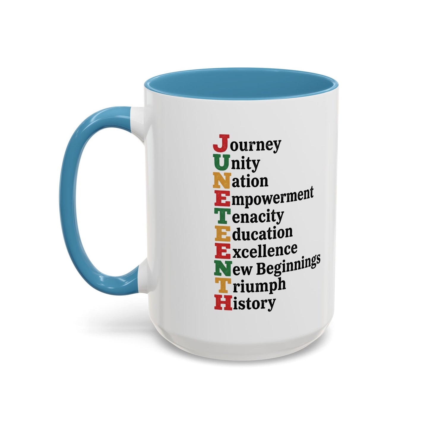 Juneteenth Acronym Accent Coffee Mug – Journey Unity Nation Empowerment (11/15oz)