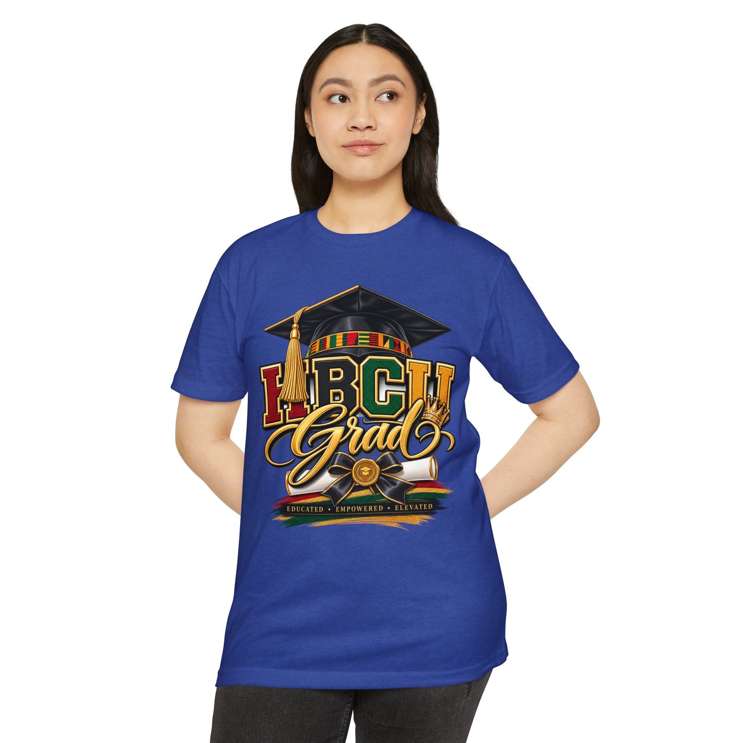 HBCU Grad T-Shirt — Black Graduation Cap & Kente Design