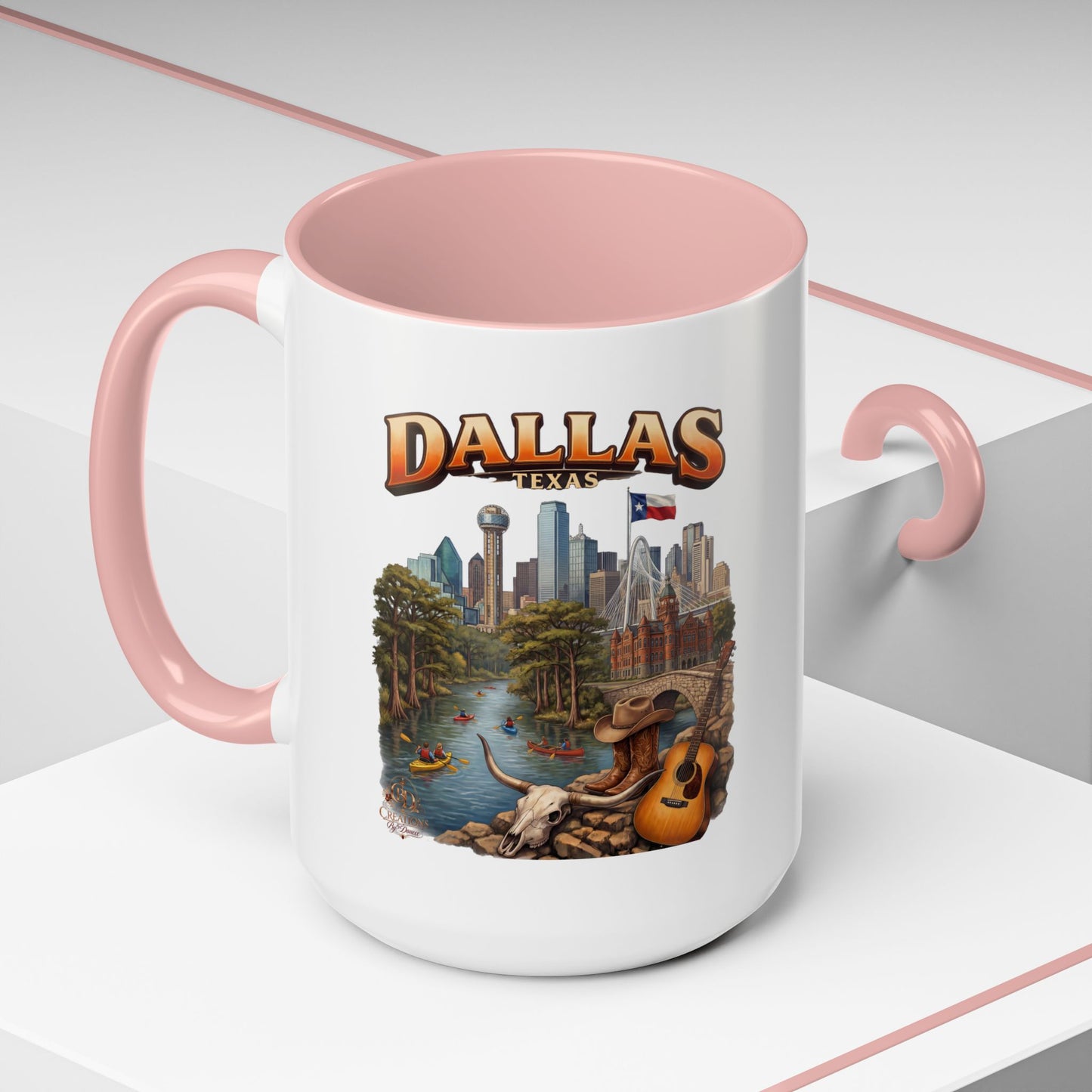 Dallas Skyline Accent Coffee Mug — Texas Souvenir Mug with Guitar & Cityscape