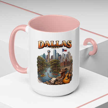 Dallas Skyline Accent Coffee Mug — Texas Souvenir Mug with Guitar & Cityscape