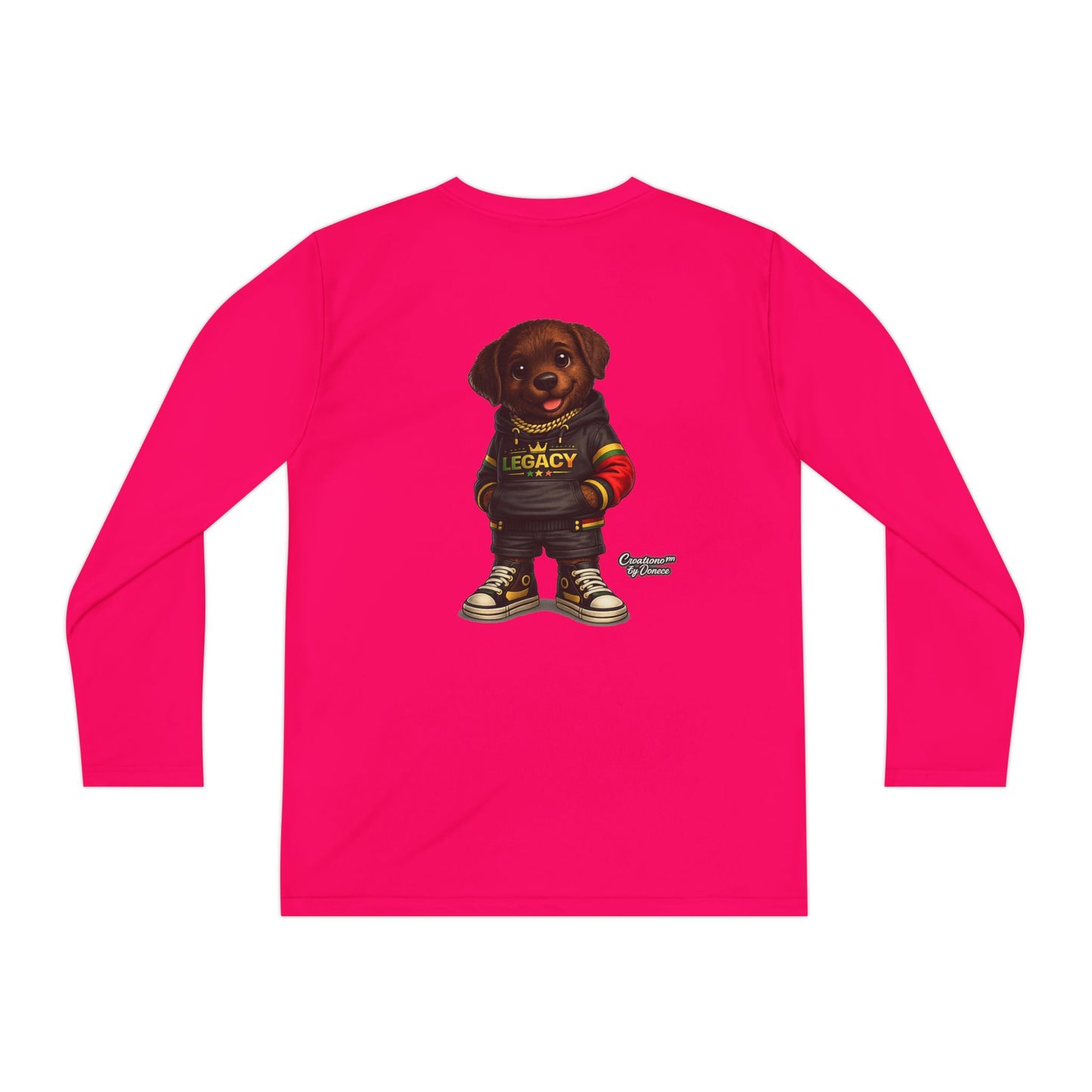 Kids Long Sleeve Tee — Brown Puppy Wearing 'Legacy' Hoodie Graphic